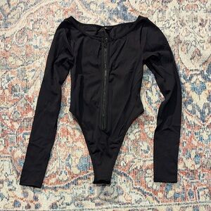 For Love & Lemons Black Ribbed Zip Front Long Sleeve Bodysuit SZ S EUC